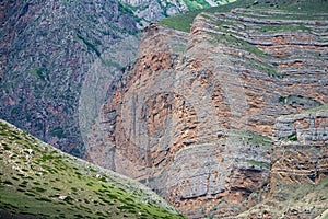 View of sedimentary rock layers in mountains