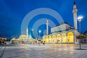 View of Selimiye Mosque and Mevlana Museum at night in Konya, Turkey