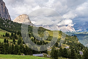 View of Sella group and Gardena pass or Grodner Joch, Dolomites, Italy