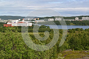 View of the Semenovsky lake inhabited residential district of the city of Murmansk