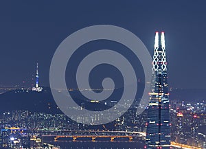 View of Seoul with Lotte World Mall and Seoul tower at night