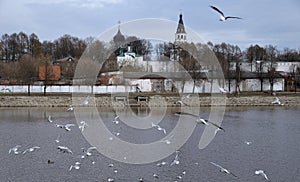 View on Seraya river and Aleksandrovskaya Sloboda in spring, Aleksandrov, Vladimir Region, Russia