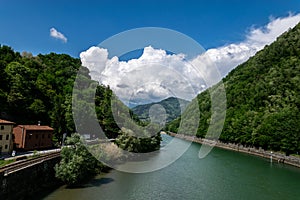 View of the Serchio river from the bridge at Borgo a Mozzano, called `The Devil`s Bridge` or the `Maddalena Bridge`