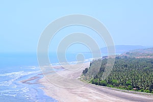 View of Serene Beach with Sea Waves with Pine Trees from Top - Anjarle Beach, Konkan, India
