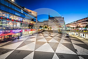 View of Sergels Torg at night, in Norrmalm, Stockholm, Sweden.