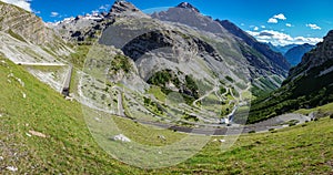View of serpentine road of Stelvio Pass from Bormio