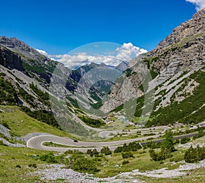 View of serpentine road, Stelvio Pass from Bormio