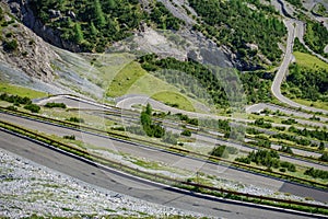 View of serpentine road, Stelvio Pass from Bormio