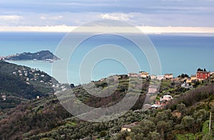 View of Sestri Levante and Santa Giulia hill from localita Crocetta. Lavagna. Liguria. Italy photo