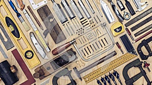 View of a set of carpenter`s tools on a wooden background