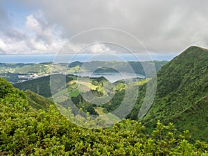 View of Sete Cidades near  Miradouro da Grota do Inferno viewpoint, Sao Miguel Island, Azores photo
