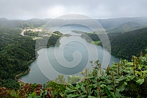 View of Sete Cidades near Miradouro da Grota do Inferno viewpoint, Sao Miguel Island, Azores, Portugal