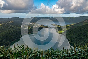 View of Sete Cidades near Miradouro da Grota do Inferno viewpoint, Sao Miguel Island, Azores, Portugal