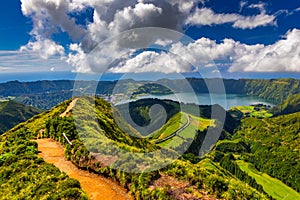 View of Sete Cidades near Miradouro da Grota do Inferno viewpoint, Sao Miguel Island, Azores, Portugal. Grota do Inferno viewpoint