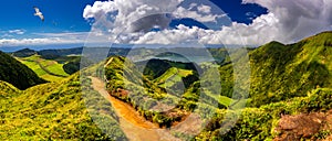 View of Sete Cidades near Miradouro da Grota do Inferno viewpoint, Sao Miguel Island, Azores, Portugal. Grota do Inferno viewpoint