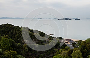 View of the Seto Inland sea and the islands from Kyukamura Setouchi Toyo, a scenic resort on Shikoku