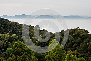 View of the Seto Inland sea and the islands from Kyukamura Setouchi Toyo, a scenic resort on Shikoku