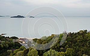 View of the Seto Inland sea and the islands from Kyukamura Setouchi Toyo, a scenic resort on Shikoku