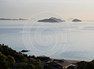 View of the Seto Inland sea and the islands from Kyukamura Setouchi Toyo, a scenic resort on Shikoku