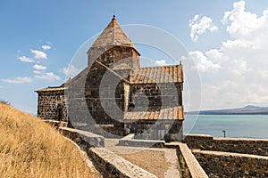 View of the Sevanavank, monastic complex located on the shore Lake Sevan. Armenia