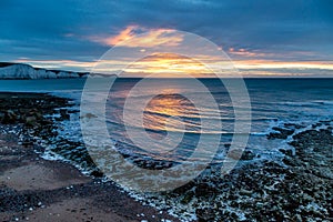 A View of the Seven Sisters Cliffs at Sunrise