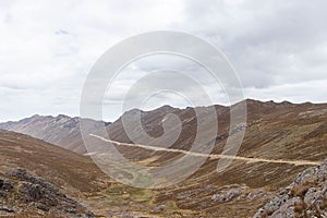 View of several hills high in the Peruvian highlands of various vegetation and colors in the morning, located in Shupluy