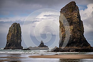 View of several large sea stacks in the ocean at Cannon Beach, Oregon.