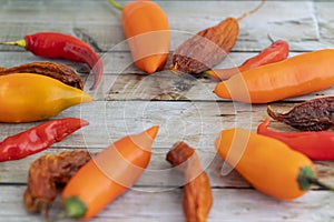 View of several Peruvian peppers, such as yellow pepper, limo pepper and paprika