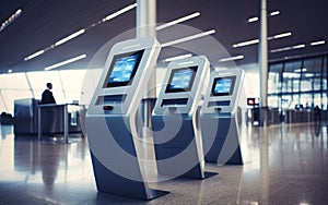 View of several self check-in kiosks in line inside an empty airport terminal