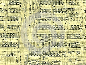 view in shades of light grey and beige coloured grid design of solder connections of an old computer circuit board