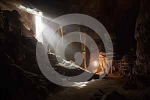 view of shaft, with sunlight illuminating the cave, and spelunking ropes visible