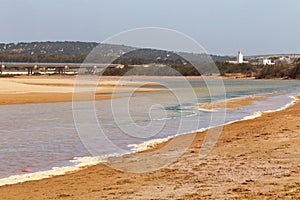 View of the shallow river among african sandy landscape near Essaouira, Morocco