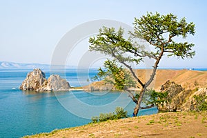 View of Shamanka rock, Cape Burhan on Olkhon island. Lake Baikal, Russia