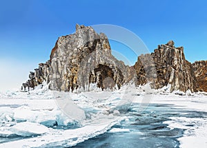 View of Shamanka rock on a sunny winter day. Lake Baikal, Olkhon island. Eastern Siberia,