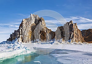 View of Shamanka rock on a sunny winter day. Lake Baikal, Olkhon island. Russia