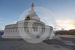 A view of Shanti Stupa on the sunset time in Leh, Ladakh, India