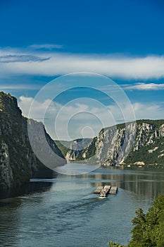 Ship at Danube gorge in Djerdap on the Serbian-Romanian border