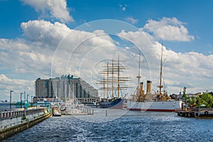 View of ships and buildings at Penns Landing, in Philadelphia, Pennsylvania