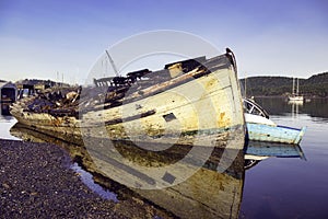 View of shipwreck on Ladysmith marina, taken in Victoria Island, BC, Canada