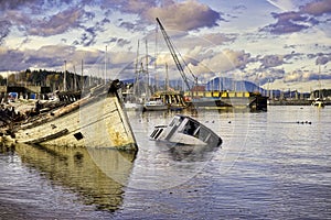 View of shipwreck on Ladysmith marina, taken in Victoria Island, BC, Canada