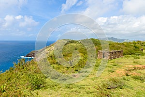 View from Shirley Heights to the coast of Antigua, paradise bay at tropical island in the Caribbean Sea