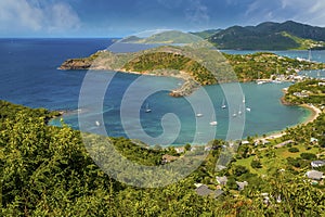 A view from Shirley Heights viewpoint over Freemans Bay on the coast of Antigua photo