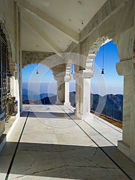 View of Shivalik Mountain range of the Himalayas from the courtyard of the Bhadraj Temple on a hill top of Mussoorie region