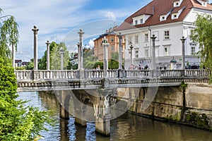 A view of the Shoemakers bridge over the River Ljubljanica in Ljubljana,