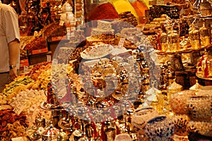 View of the shops of different species of colors, in the Spice market, in Istanbul Turkey photo