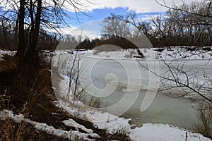 View from the shore of melting ice on the river