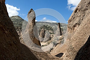 A view showing fairy chimneys at the Devrent Valley in Cappadocia, Turkey.