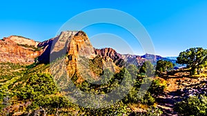 View of the Shuntavi Butte and other Red Rock Peaks of the Kolob Canyon part of Zion National Park, Utah, United Sates