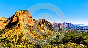 View of the Shuntavi Butte and other Red Rock Peaks of the Kolob Canyon part of Zion National Park, Utah, United Sates