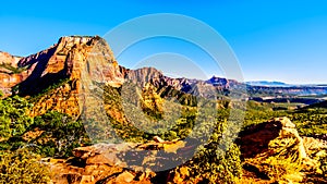 View of the Shuntavi Butte and other Red Rock Peaks of the Kolob Canyon part of Zion National Park, Utah, United Sates